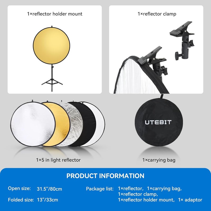 UTEBIT 31 Inch (80cm) Light Reflector Stand Kit Diffuser 5 in 1 Collapsible Multi Disc with Bag, 48 Inch Light Stand, Photography Reflector Holder-Translucent/Silver/Gold/White/Black - Image 4